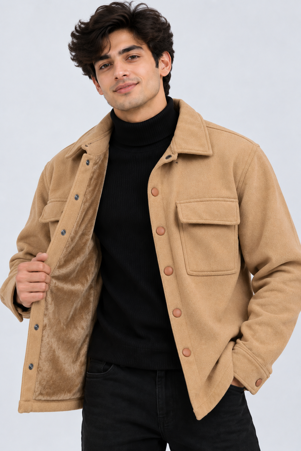 AMOLDO Men's Shacket with Snap Button Closure and Dual Chest Pockets | Velvet Fleece Lined | Beige