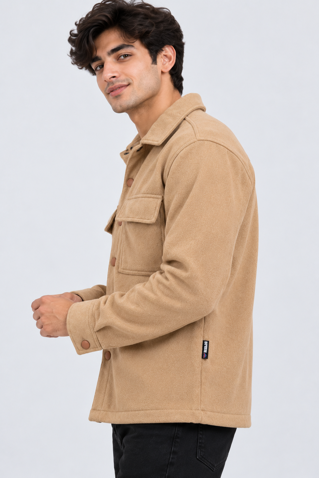 AMOLDO Men's Shacket with Snap Button Closure and Dual Chest Pockets | Velvet Fleece Lined | Beige