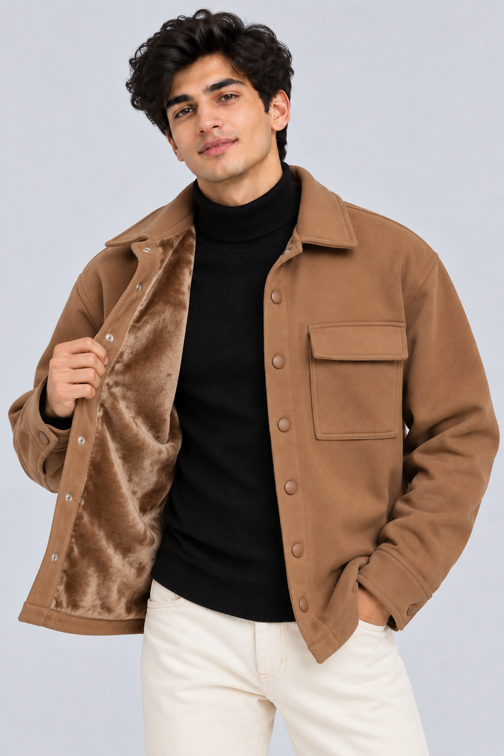 AMOLDO Men's Shacket with Snap Button Closure and Dual Chest Pockets | Velvet Fleece Lined | Brown