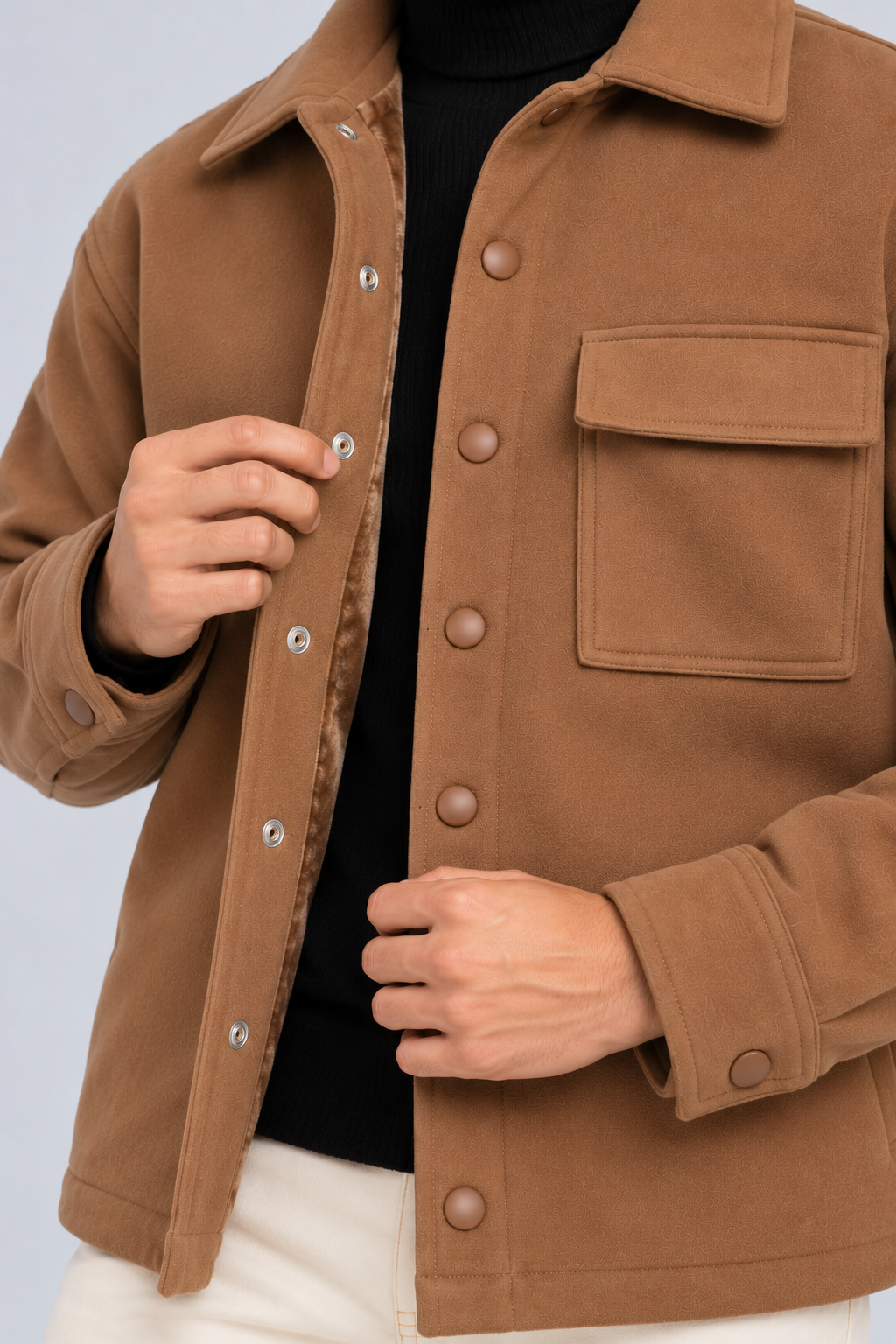 AMOLDO Men's Shacket with Snap Button Closure and Dual Chest Pockets | Velvet Fleece Lined | Brown