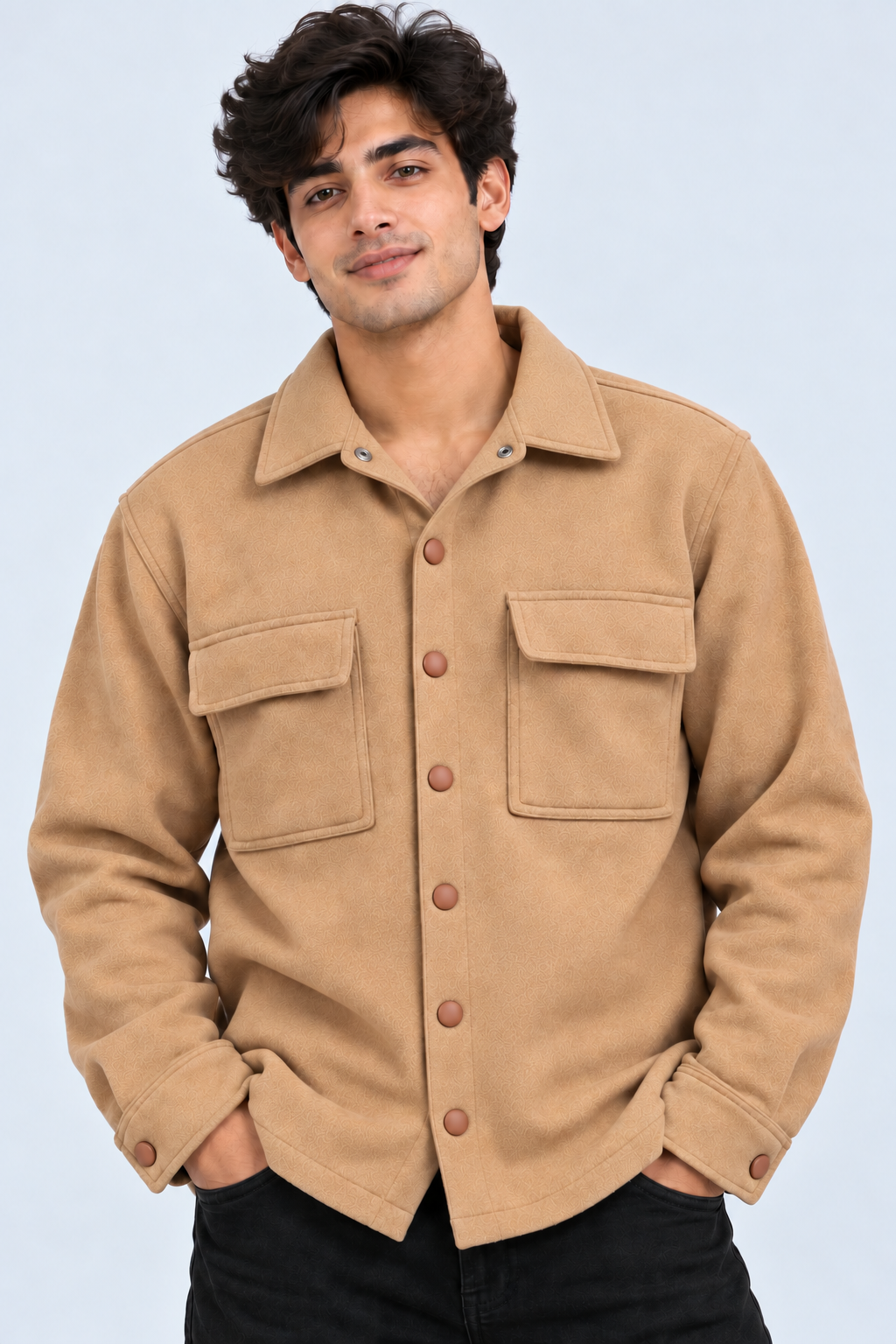 AMOLDO Men's Shacket with Snap Button Closure and Dual Chest Pockets | Velvet Fleece Lined | Beige