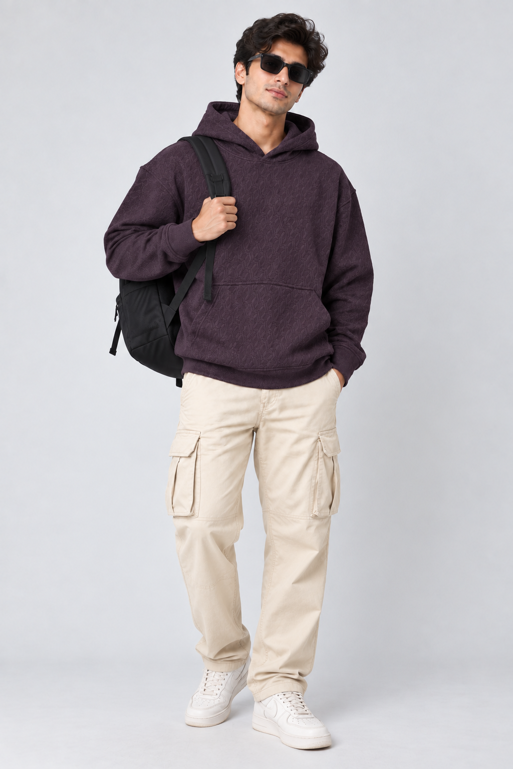 AMOLDO Men's Textured Pullover Hoodie with Kangaroo Pocket | Dark Plum