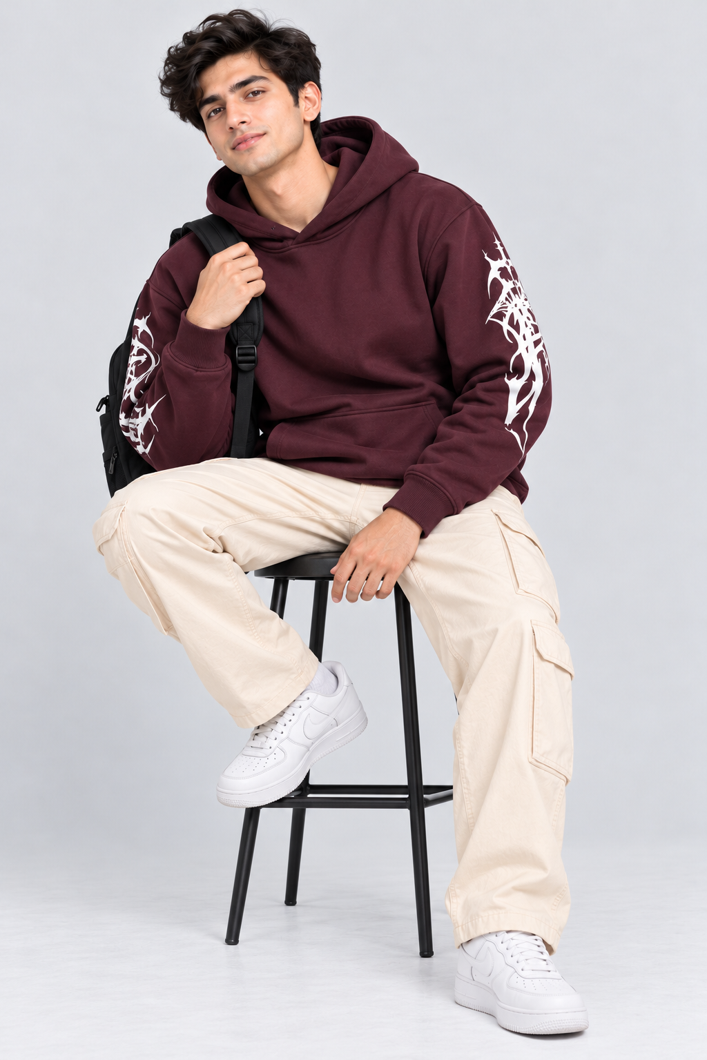 Men's Hooded Sweatshirt with White Graphic Print | 400+ GSM | Maroon