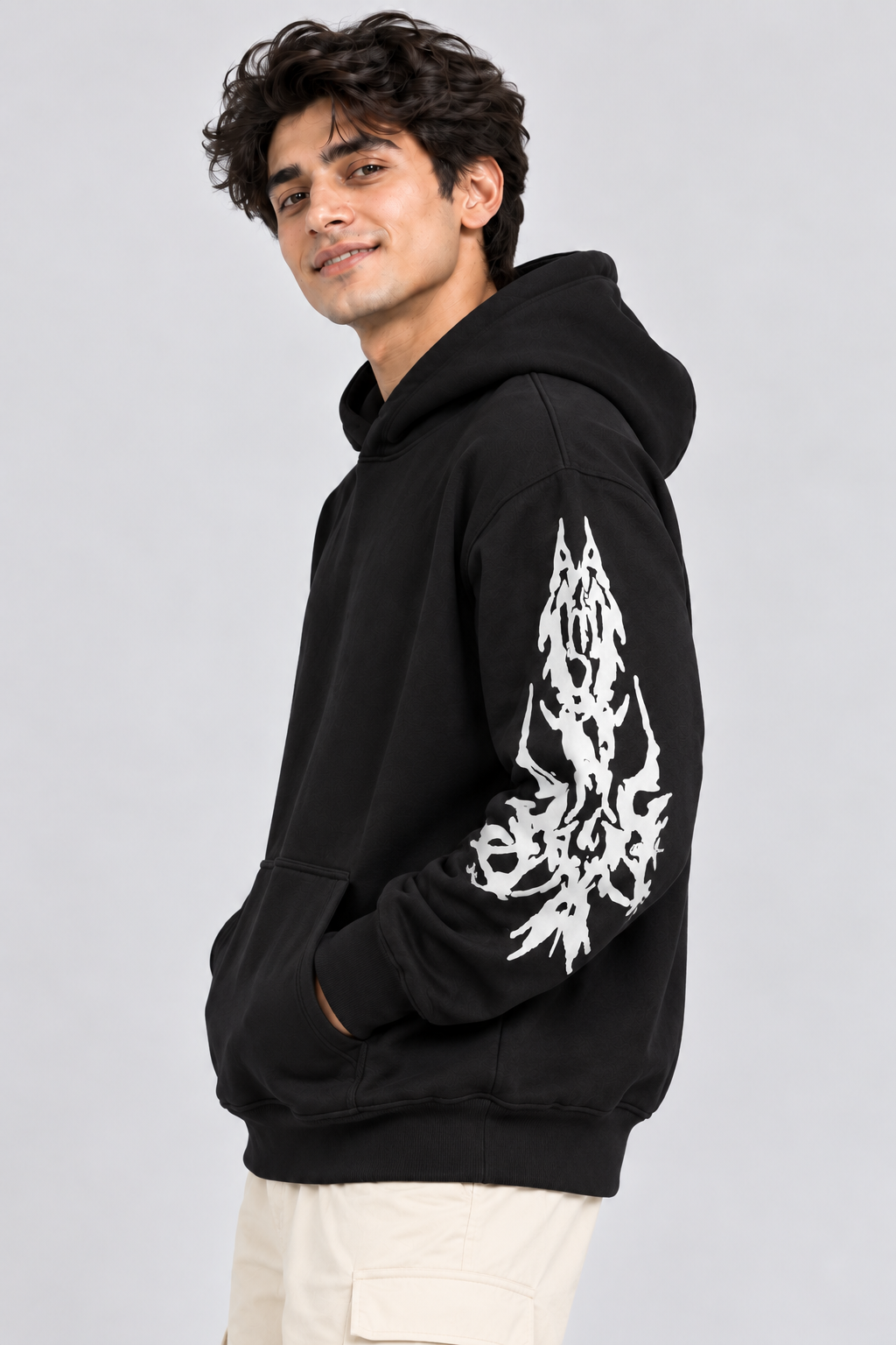 Men's Hooded Sweatshirt with White Graphic Print | 400+ GSM | Black