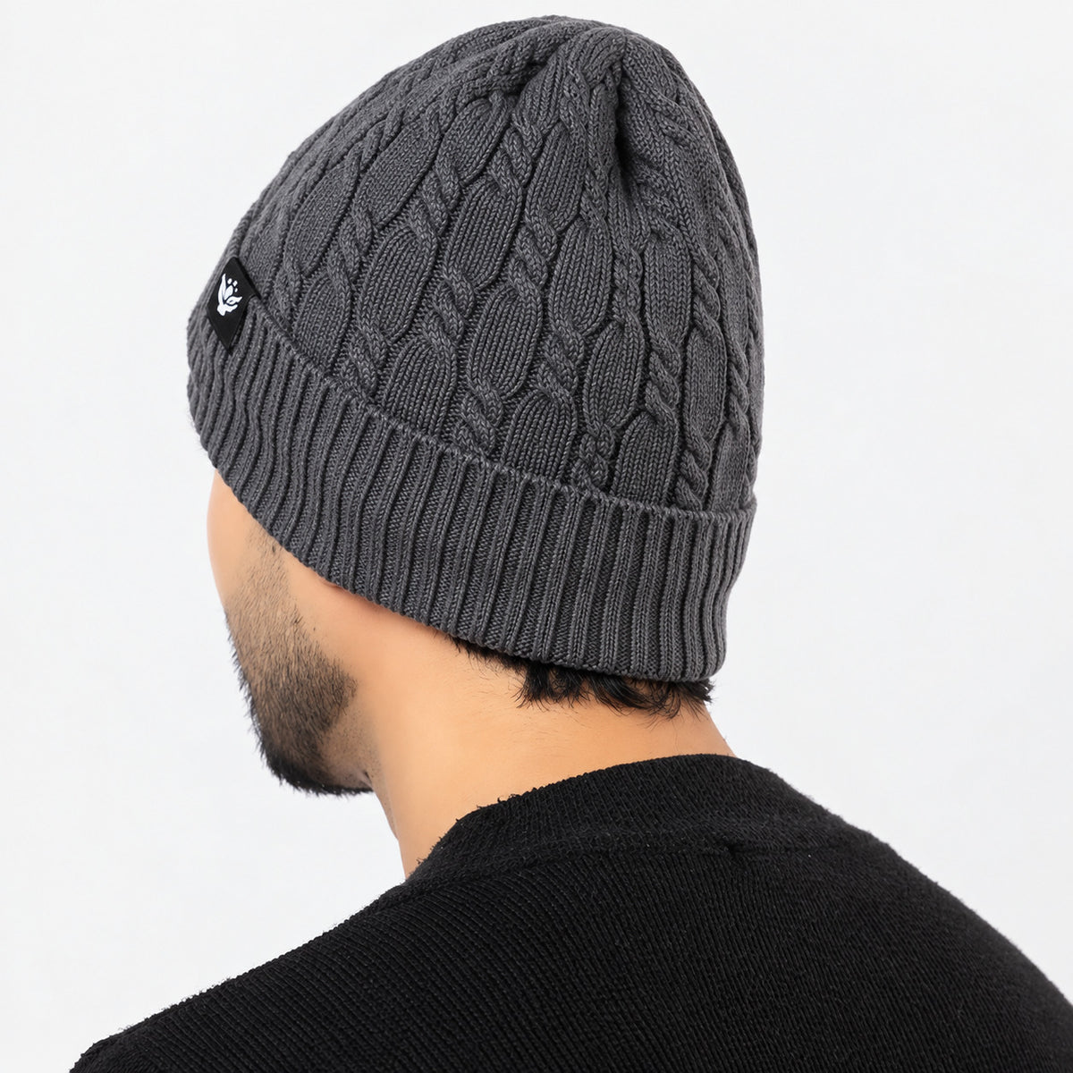 Unisex Grey Winter Wool Cap | Warm Soft Stretch Beanie with Braid Design