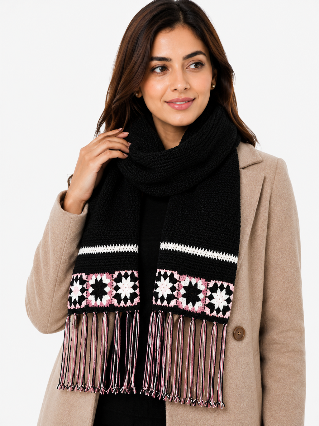 AMOLDO Women’s Handmade Crochet Winter Scarf with Floral Tassels