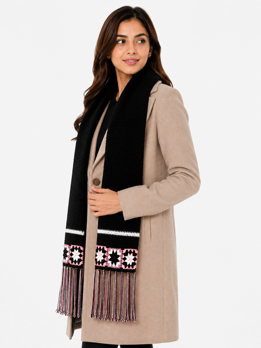 AMOLDO Women’s Handmade Crochet Winter Scarf with Floral Tassels