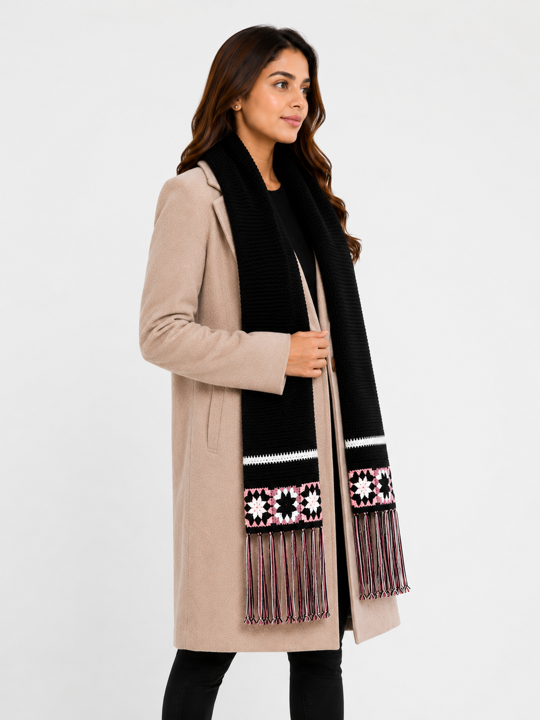 AMOLDO Women’s Handmade Crochet Winter Scarf with Floral Tassels