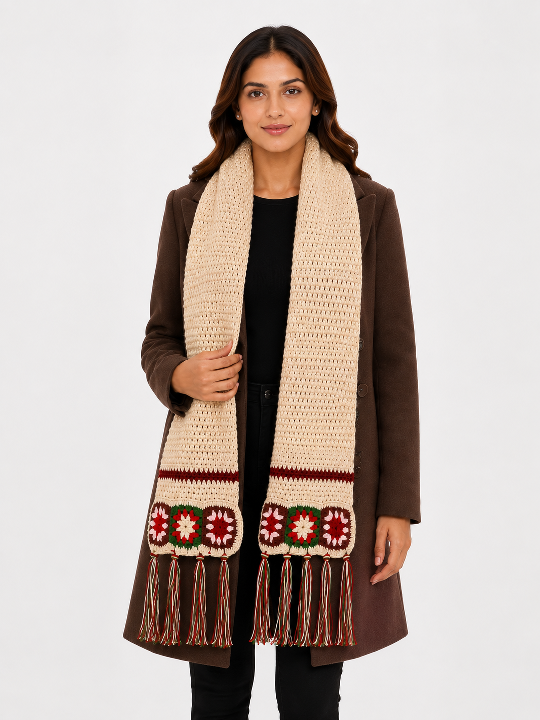 AMOLDO Women’s Handmade Crochet Winter Scarf with Floral Tassels
