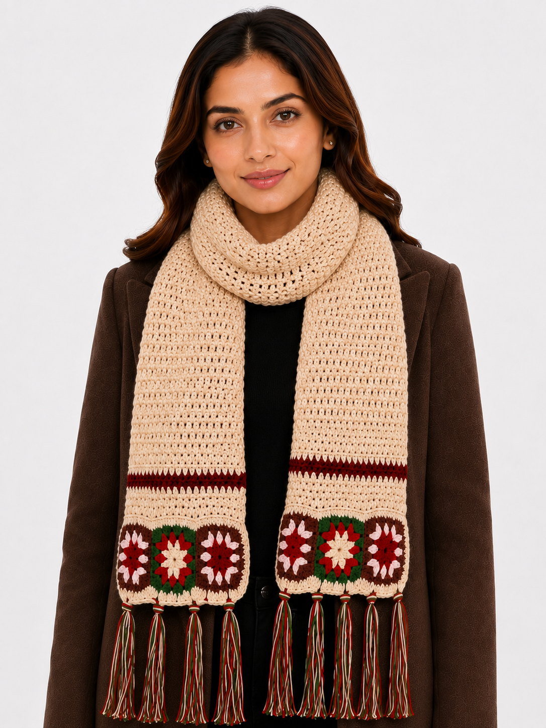 AMOLDO Women’s Handmade Crochet Winter Scarf with Floral Tassels