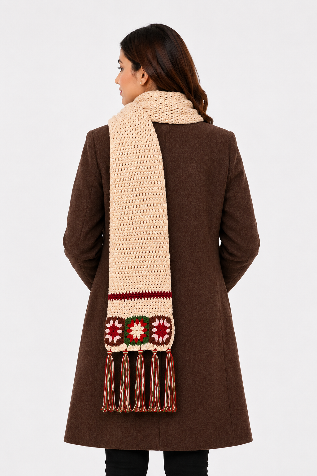 AMOLDO Women’s Handmade Crochet Winter Scarf with Floral Tassels
