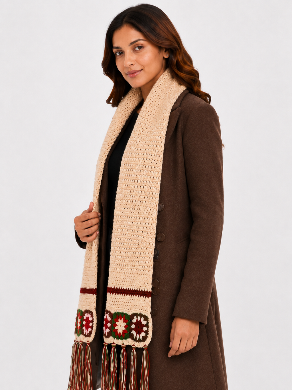 AMOLDO Women’s Handmade Crochet Winter Scarf with Floral Tassels