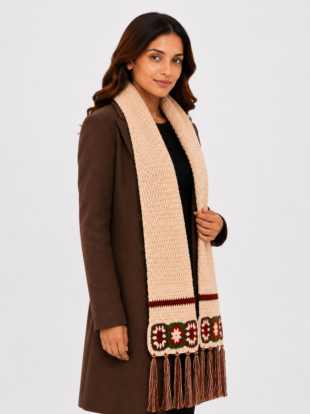AMOLDO Women’s Handmade Crochet Winter Scarf with Floral Tassels