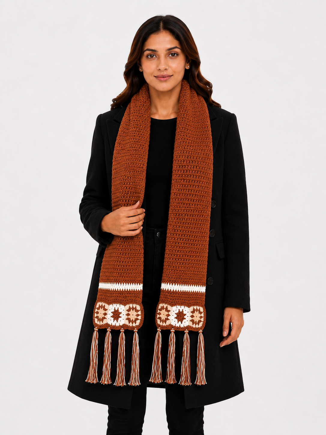 AMOLDO Women’s Handmade Crochet Winter Scarf with Floral Tassels