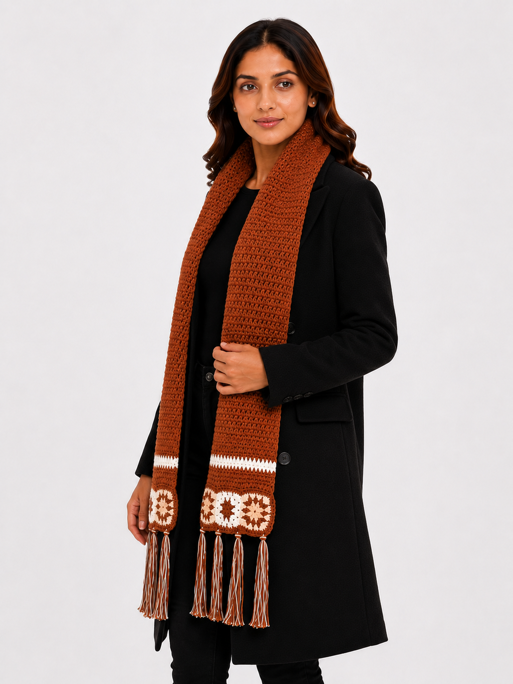 AMOLDO Women’s Handmade Crochet Winter Scarf with Floral Tassels