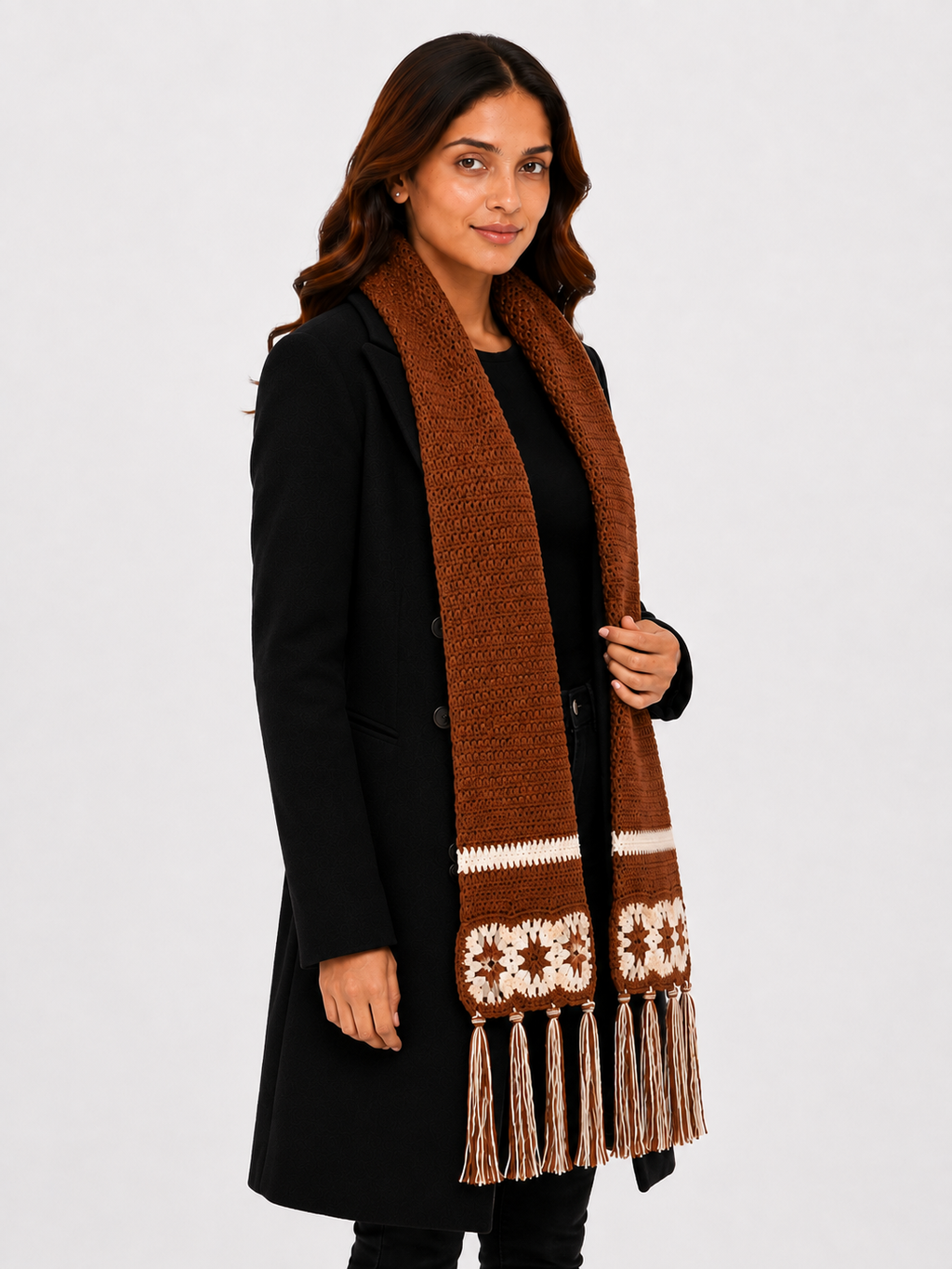 AMOLDO Women’s Handmade Crochet Winter Scarf with Floral Tassels