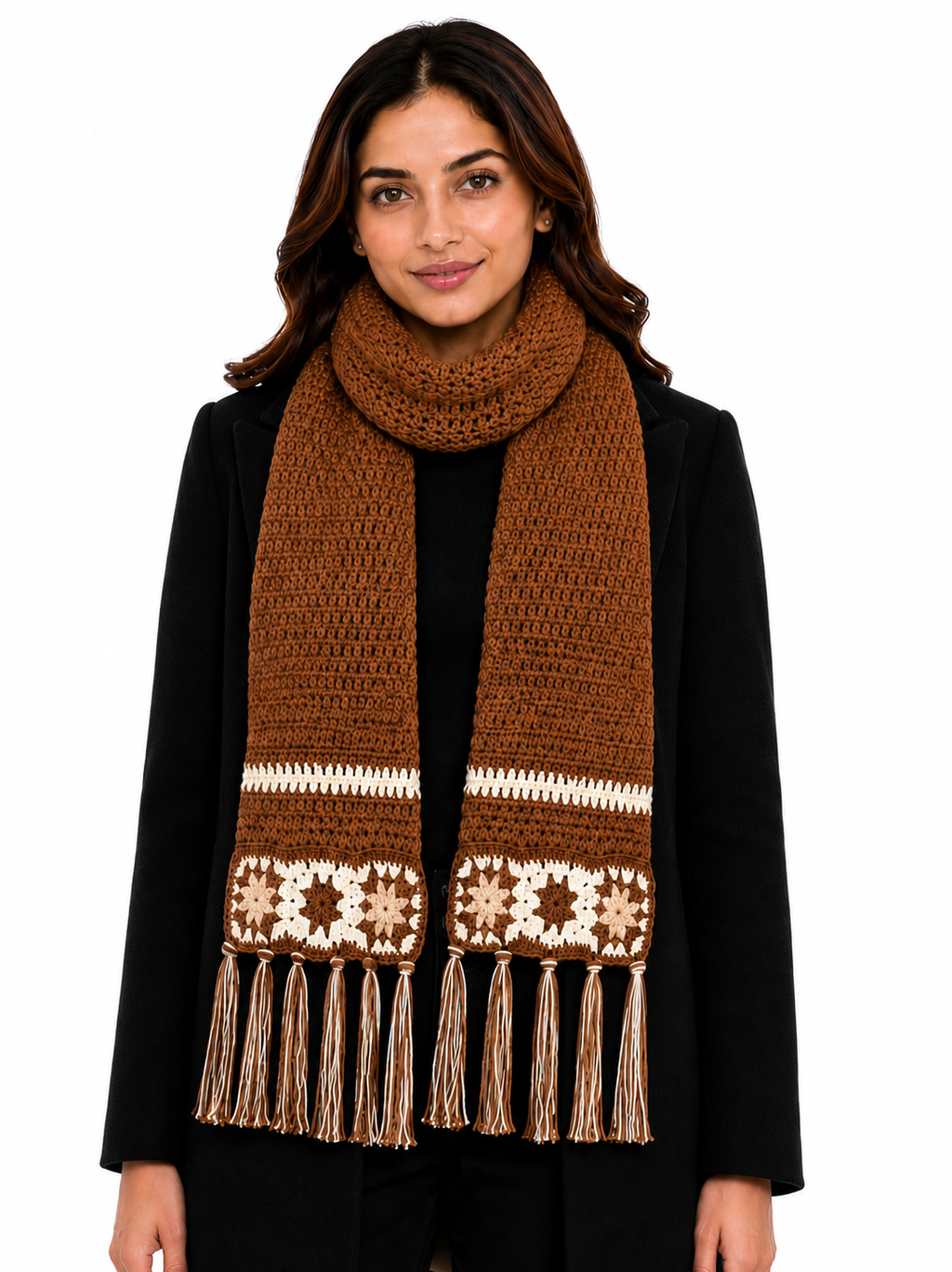AMOLDO Women’s Handmade Crochet Winter Scarf with Floral Tassels