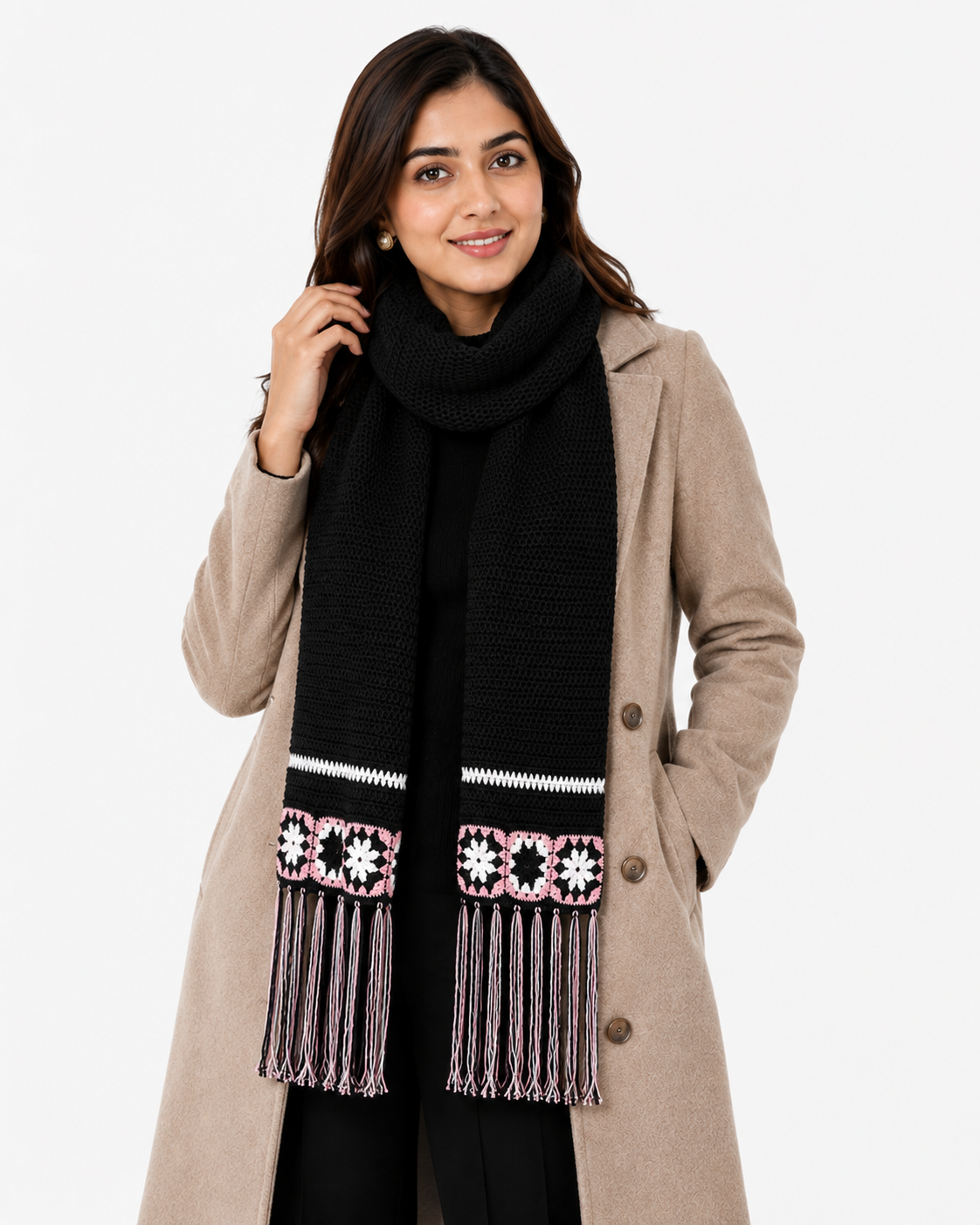 AMOLDO Women’s Handmade Crochet Winter Scarf with Floral Tassels
