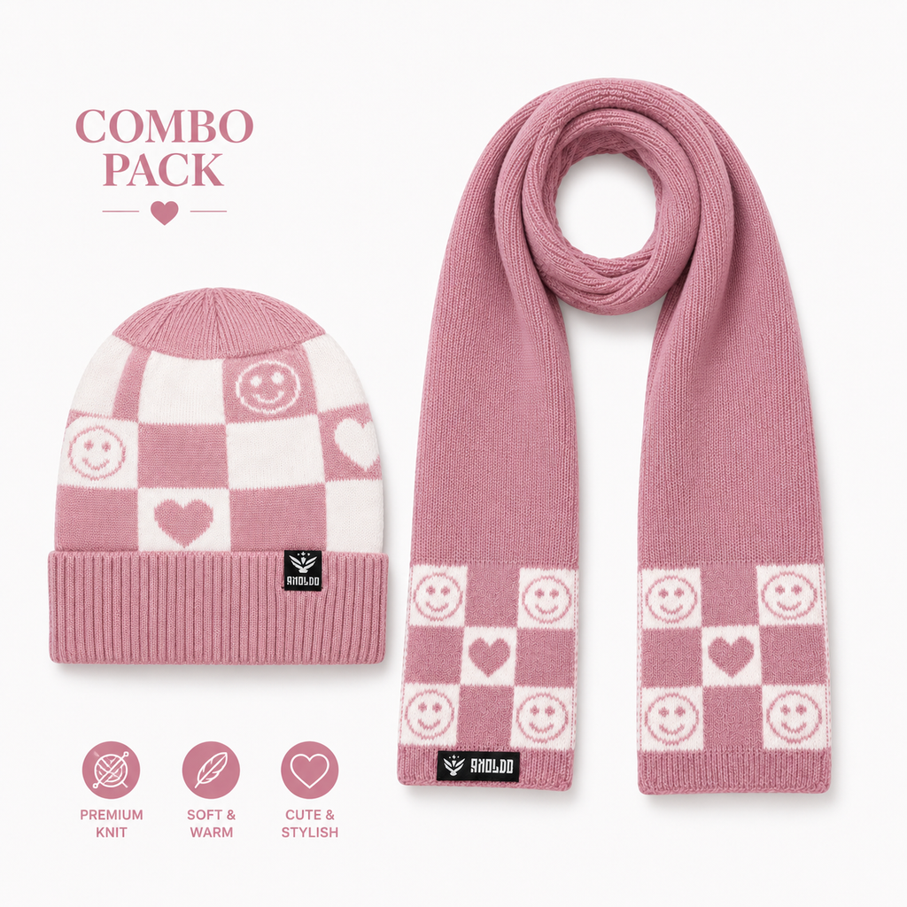 AMOLDO Kids Knitted Beanie Cap & Muffler Set | Winter Cap & Scarf