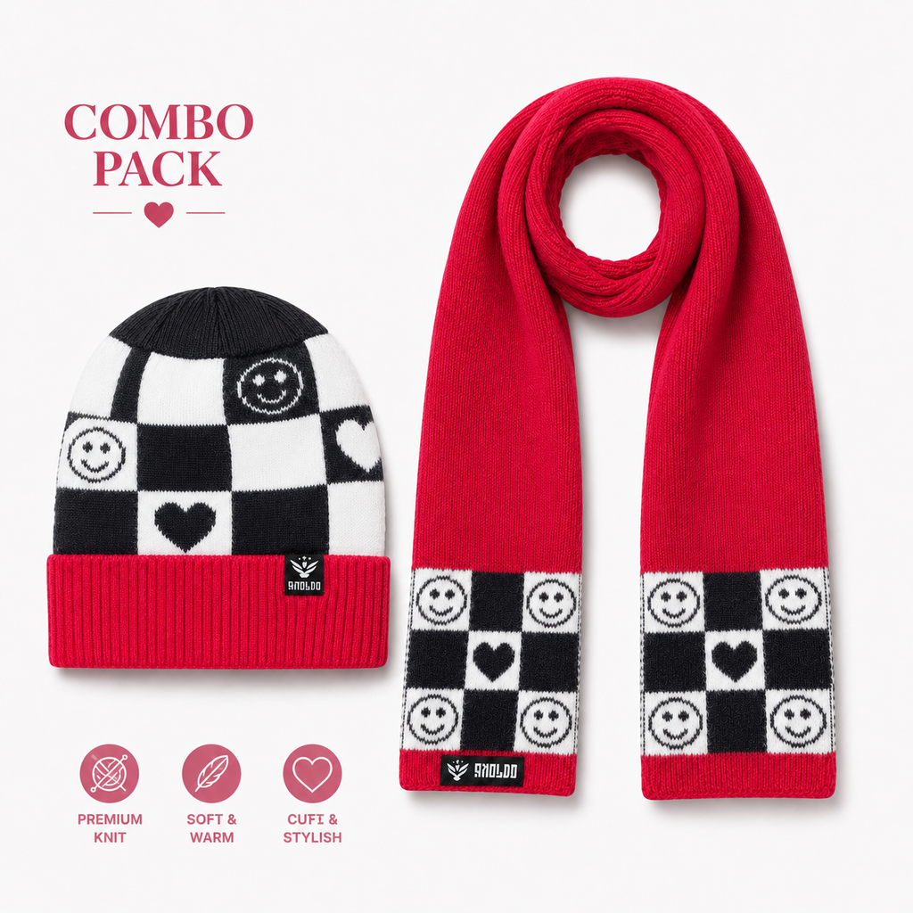 AMOLDO Kids Knitted Beanie Cap & Muffler Set | Winter Cap & Scarf
