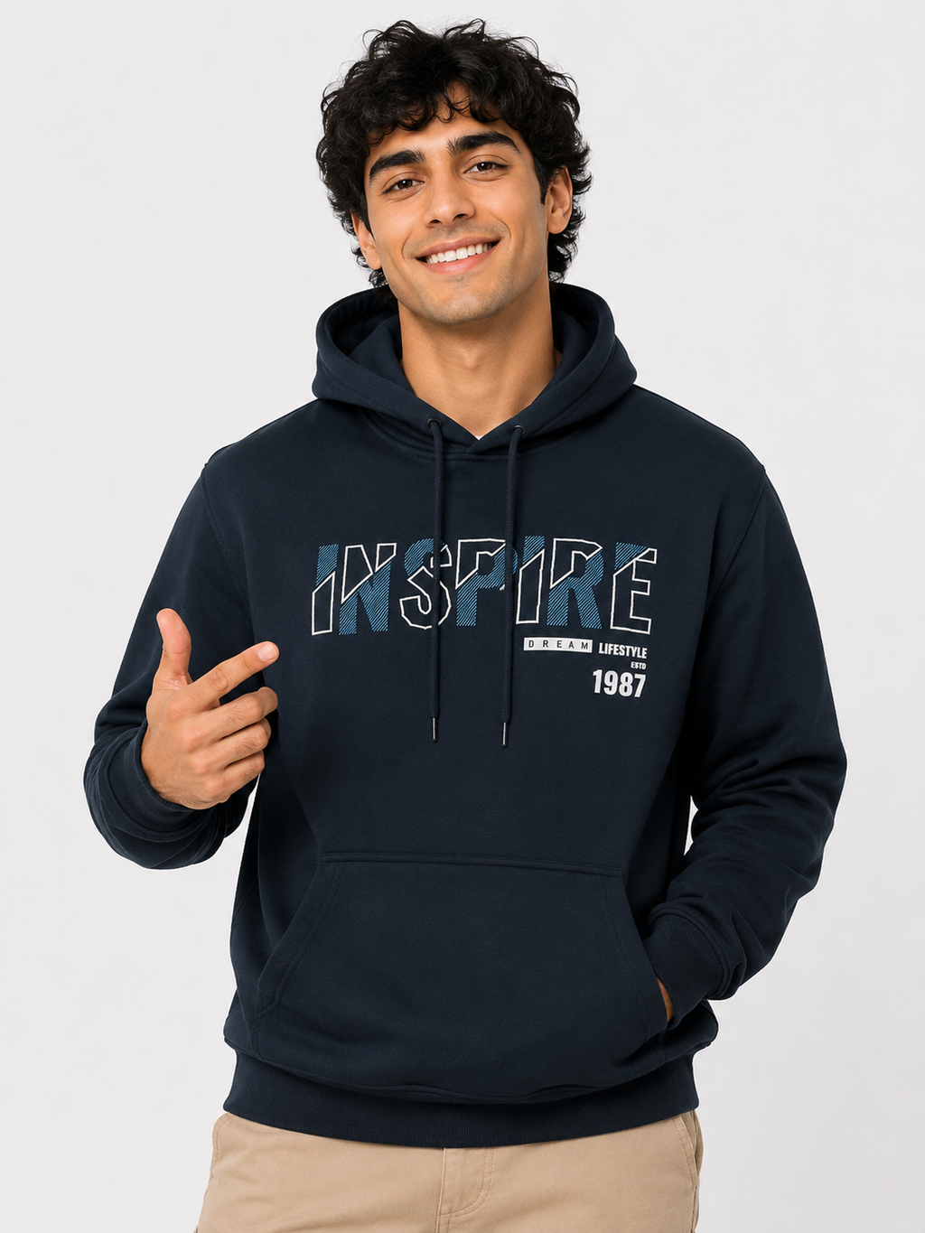 Amoldo Men’s Cotton Fleece Printed 400+ GSM Hooded Sweatshirt | Navy