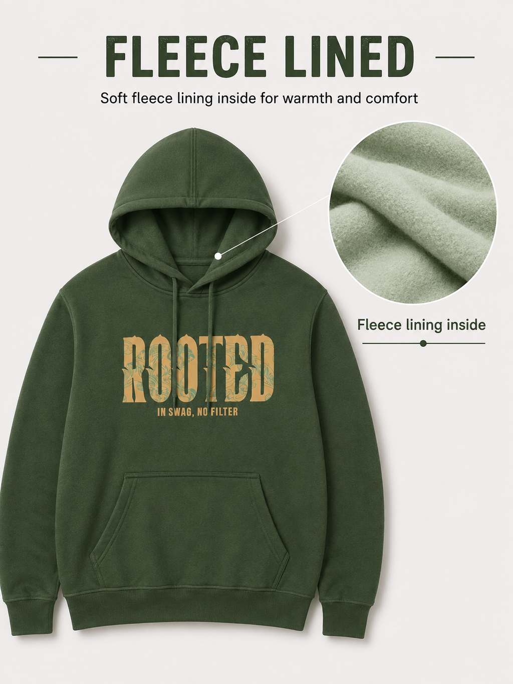 Amoldo Men’s Cotton Fleece Printed 400+ GSM Hooded Sweatshirt | Olive