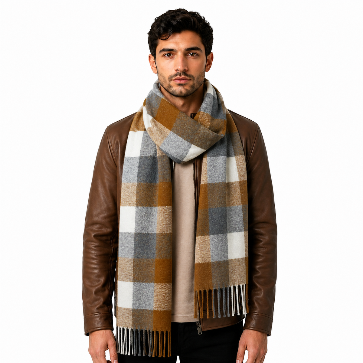 AMOLDO Unisex Printed Wool Winter Scarf Muffler | Light Brown