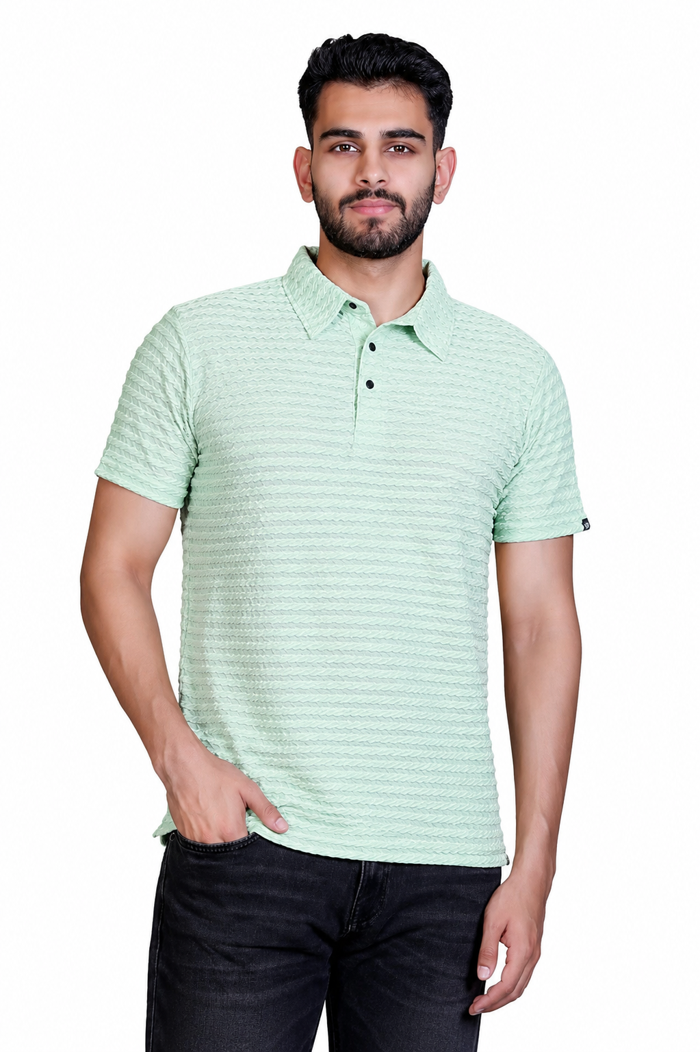 Twist Textured Polo T-Shirt with Button Closure - Green