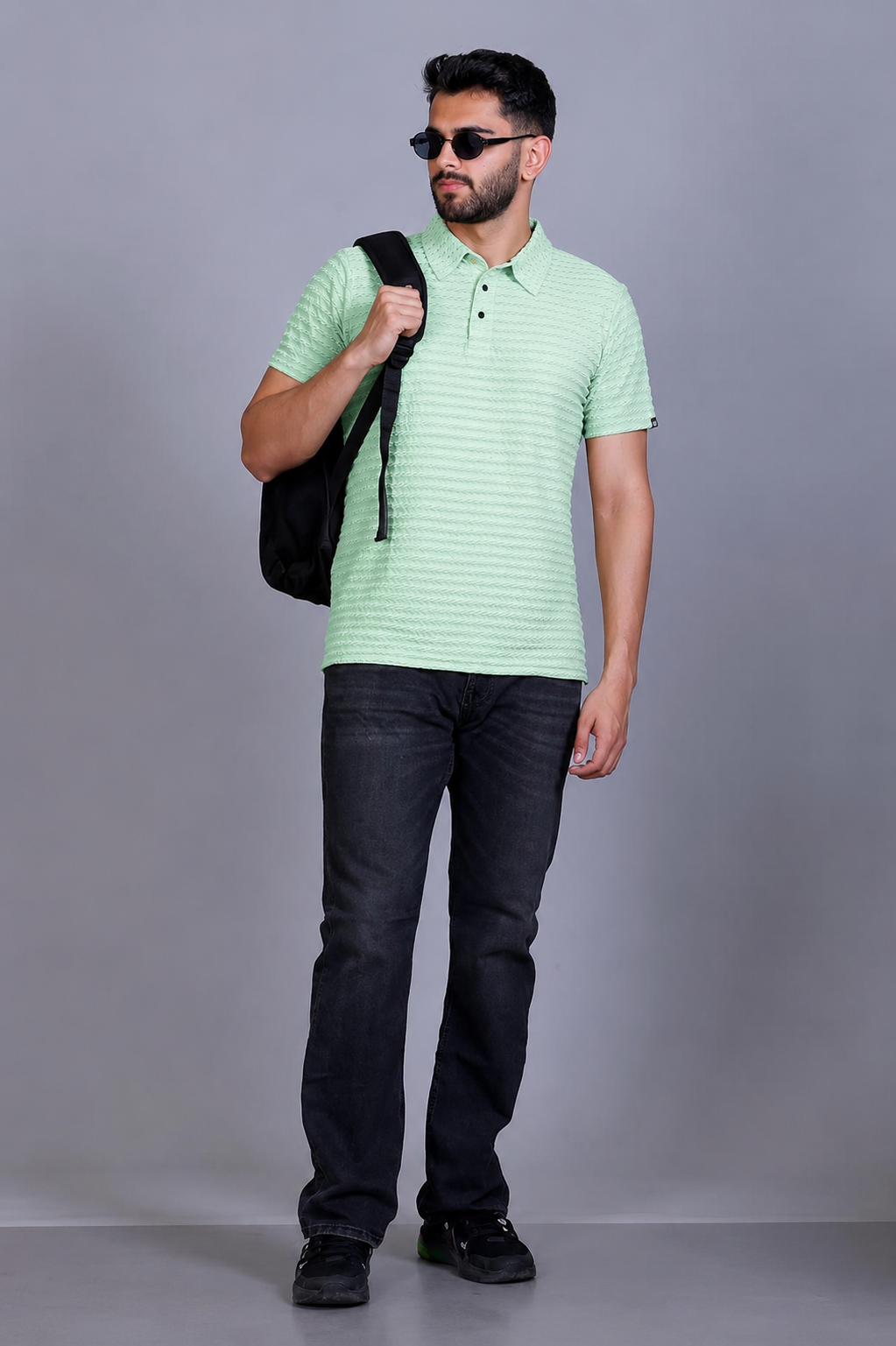 Twist Textured Polo T-Shirt with Button Closure - Green