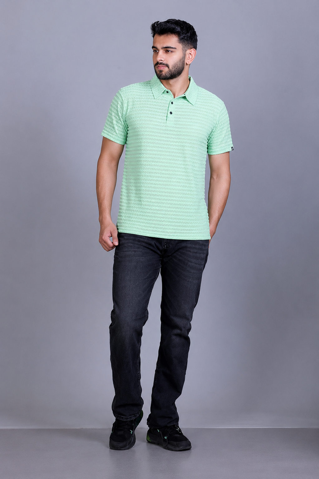 Twist Textured Polo T-Shirt with Button Closure - Green