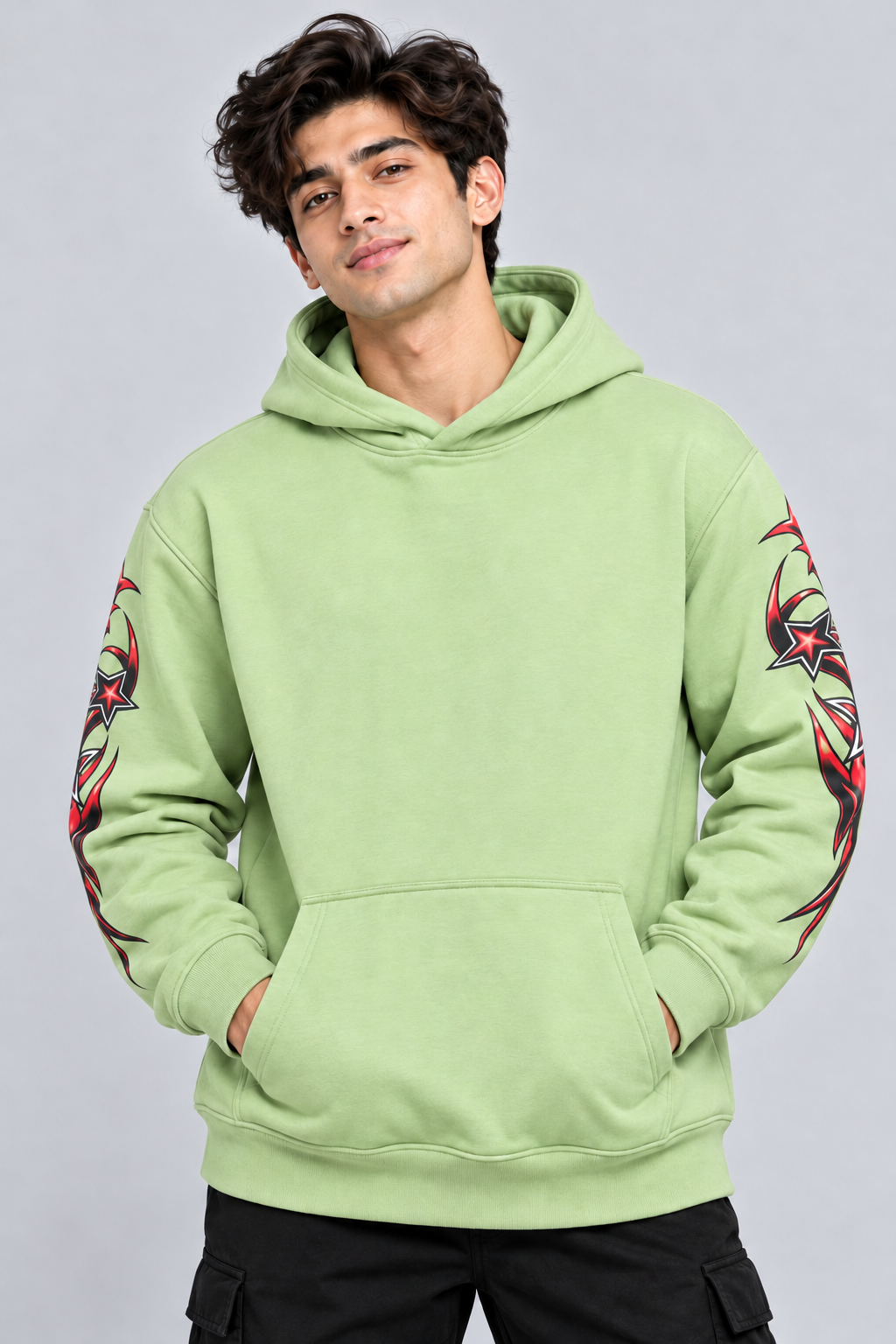 Men's Hooded Sweatshirt with White Graphic Print | 400+ GSM | Light Green