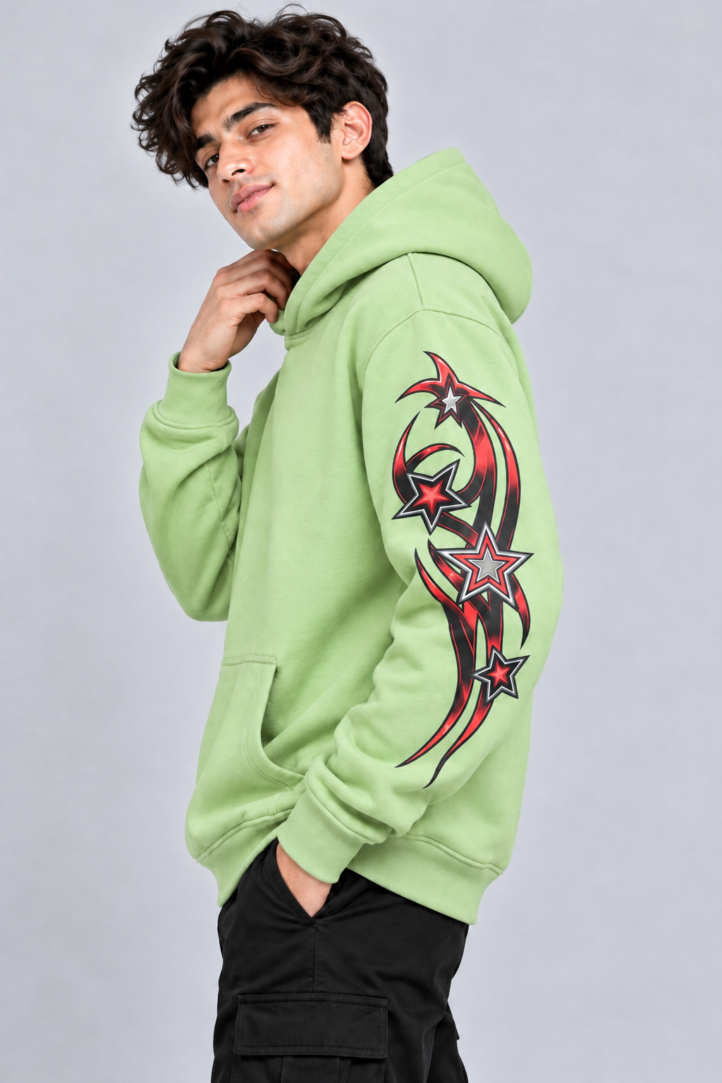 Men's Hooded Sweatshirt with White Graphic Print | 400+ GSM | Light Green