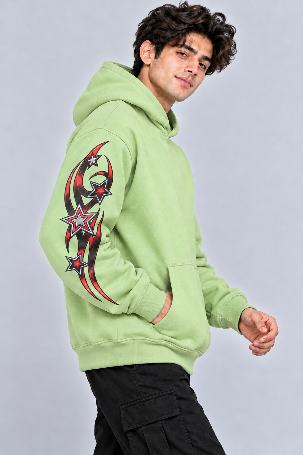 Men's Hooded Sweatshirt with White Graphic Print | 400+ GSM | Light Green