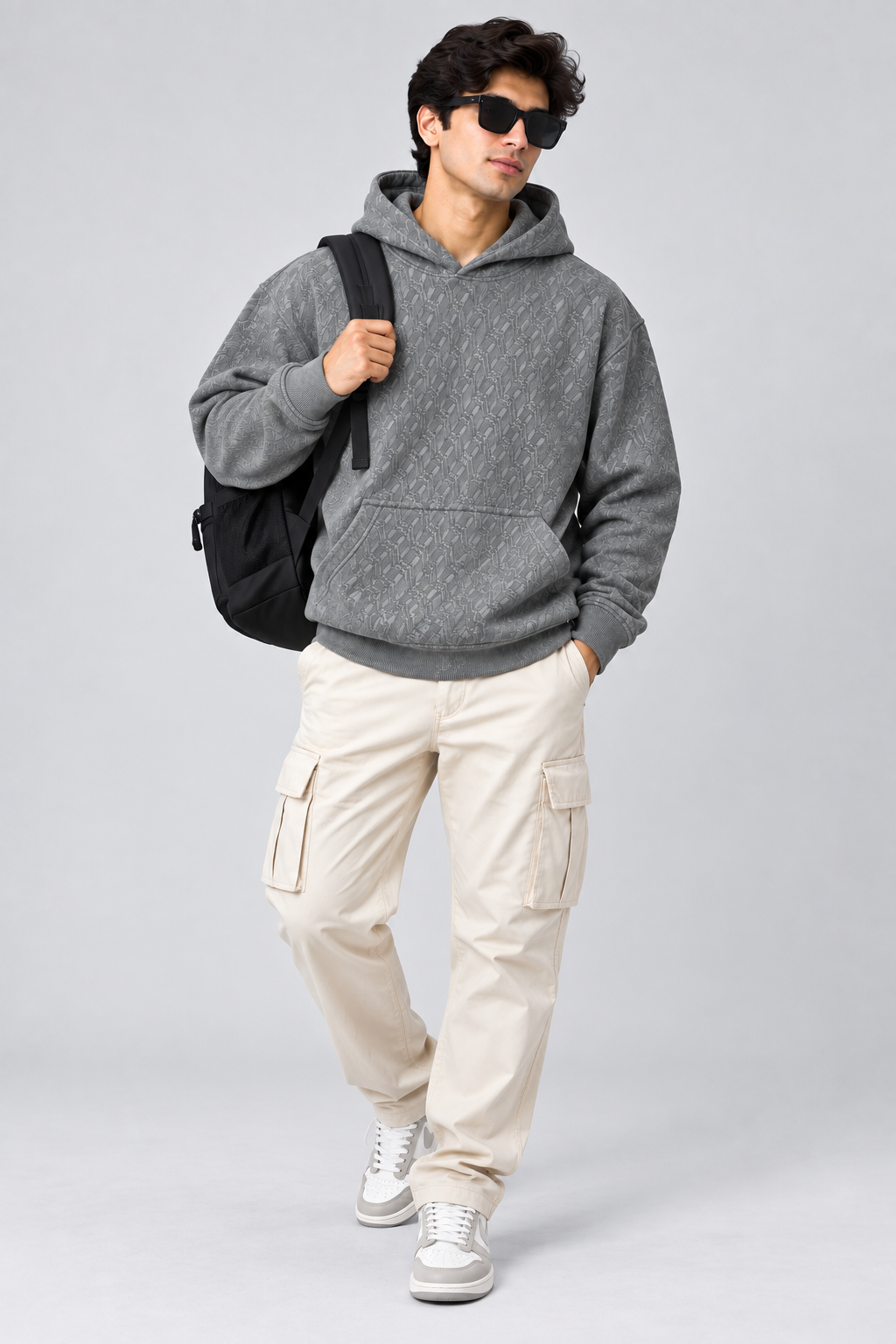 AMOLDO Men's Textured Pullover Hoodie with Kangaroo Pocket | Grey