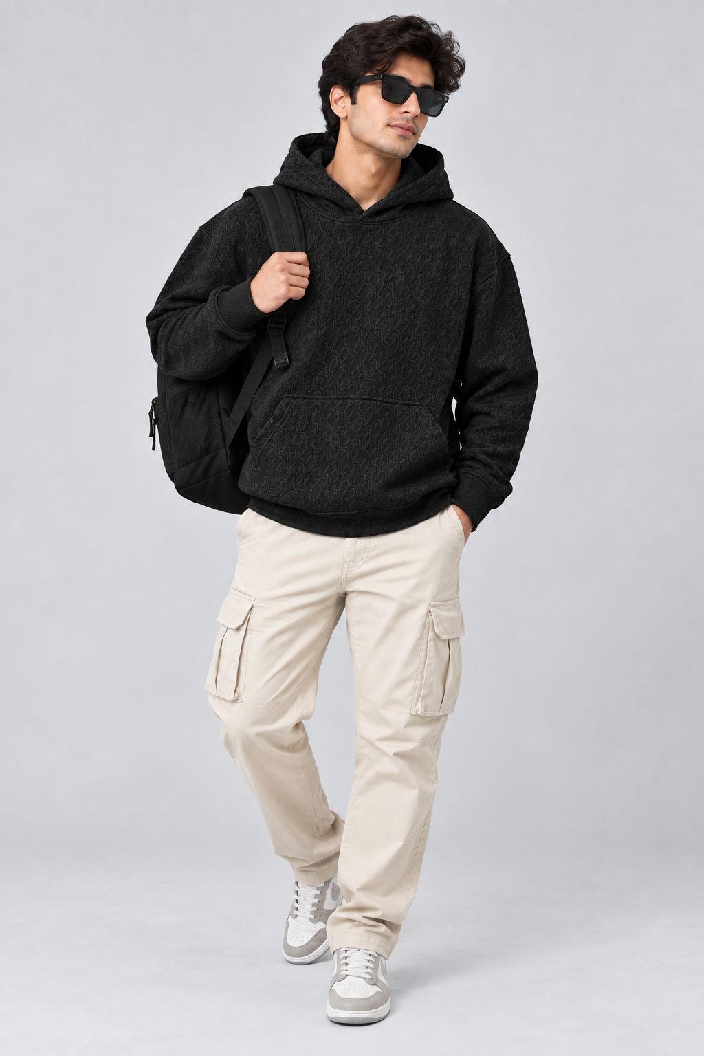 AMOLDO Men's Textured Pullover Hoodie with Kangaroo Pocket | Black