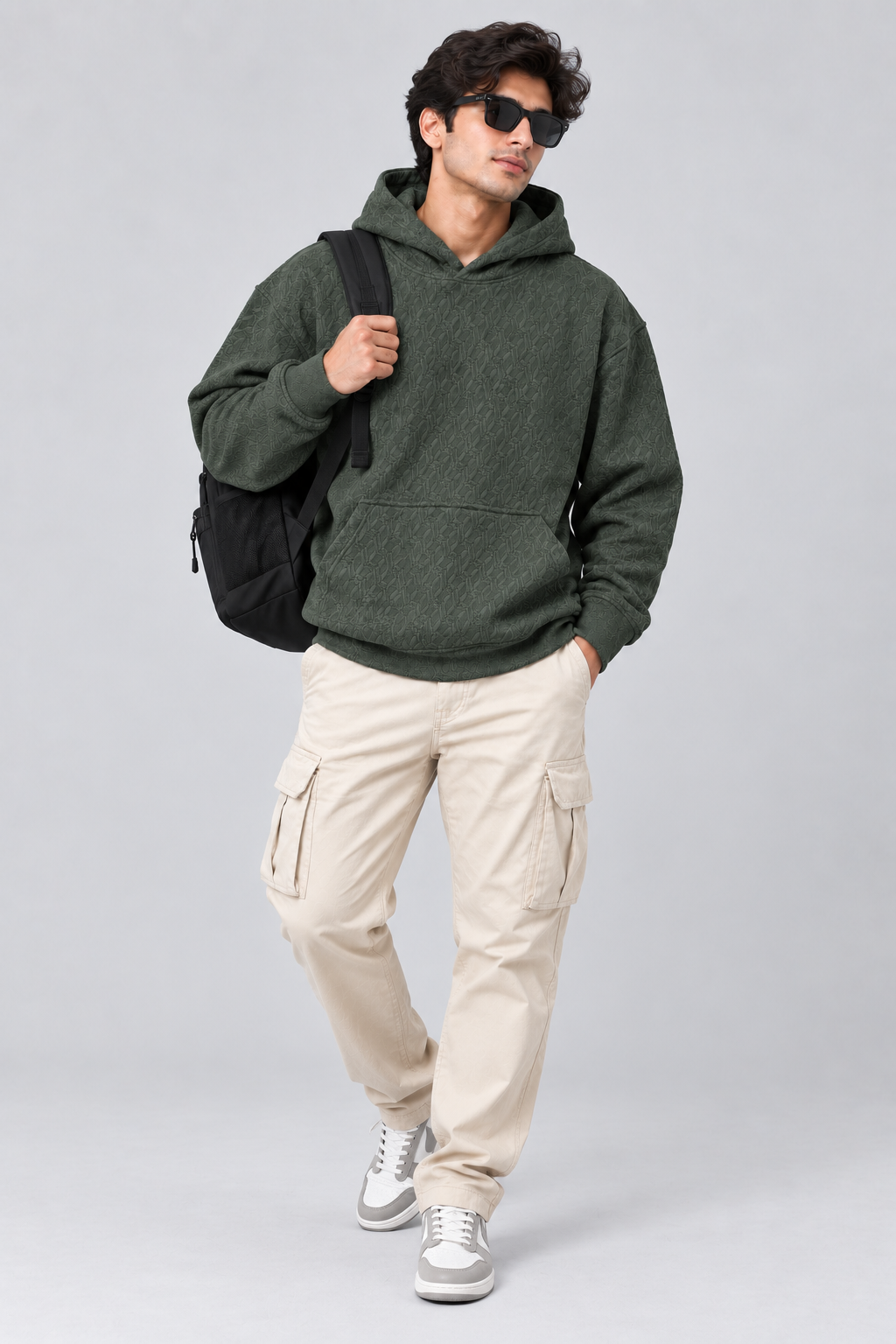 AMOLDO Men's Textured Pullover Hoodie with Kangaroo Pocket | Olive