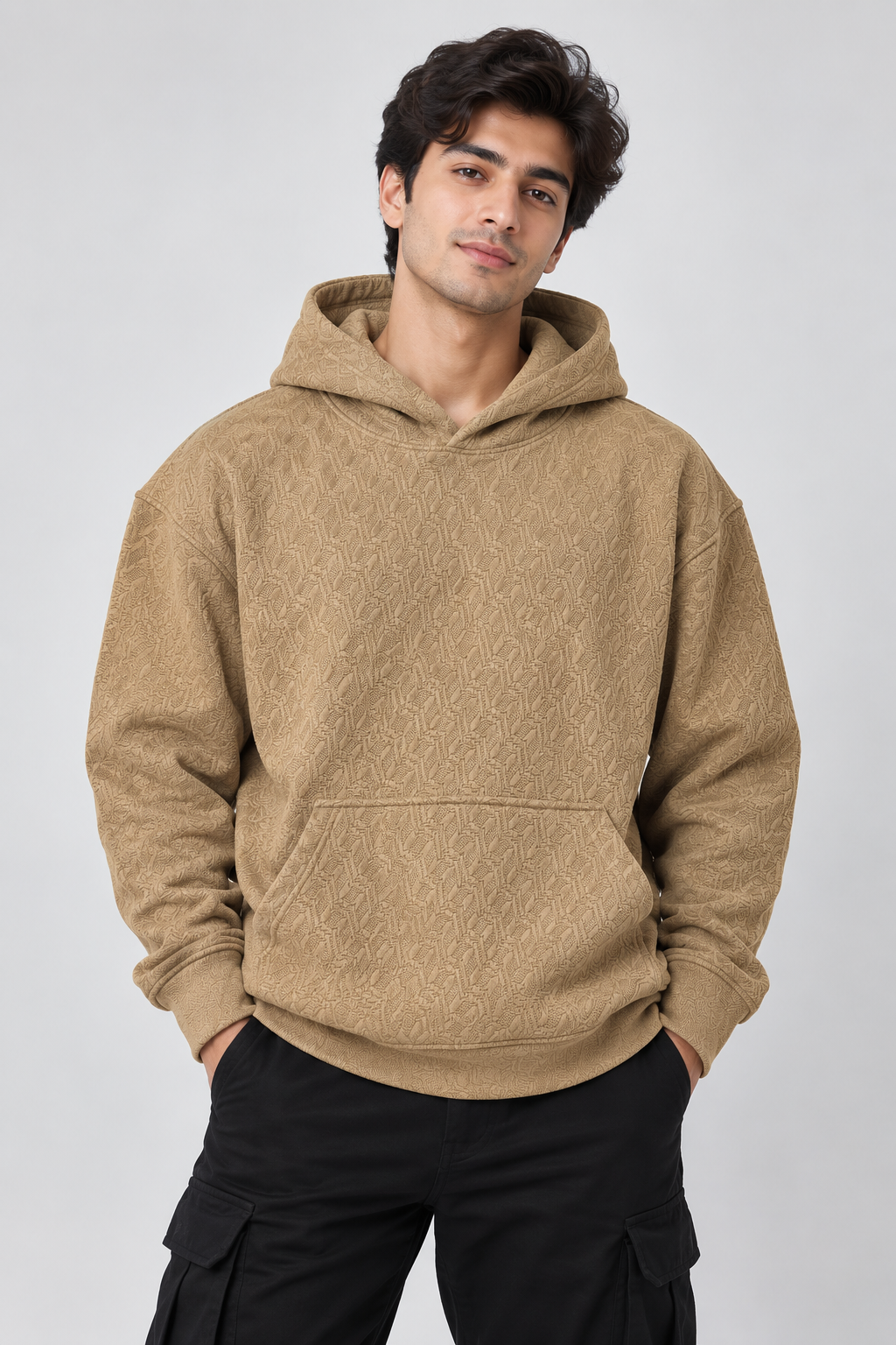 AMOLDO Men's Textured Pullover Hoodie with Kangaroo Pocket | Beige
