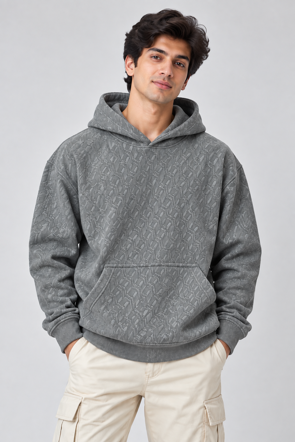 AMOLDO Men's Textured Pullover Hoodie with Kangaroo Pocket | Grey