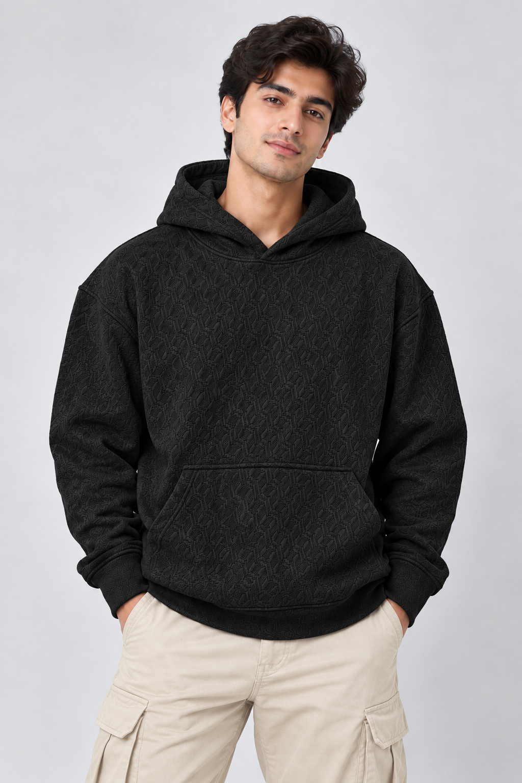 AMOLDO Men's Textured Pullover Hoodie with Kangaroo Pocket | Black