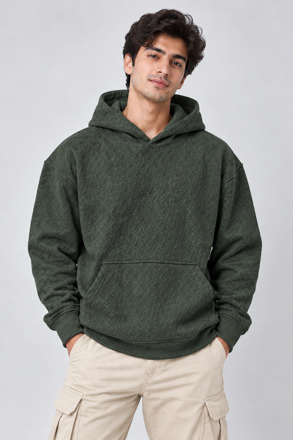 AMOLDO Men's Textured Pullover Hoodie with Kangaroo Pocket | Olive