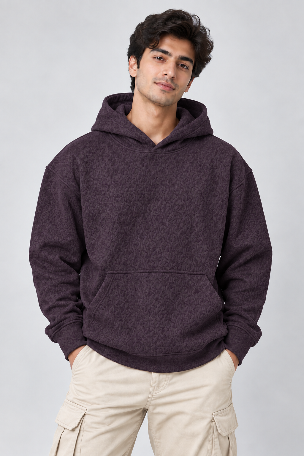 AMOLDO Men's Textured Pullover Hoodie with Kangaroo Pocket | Dark Plum