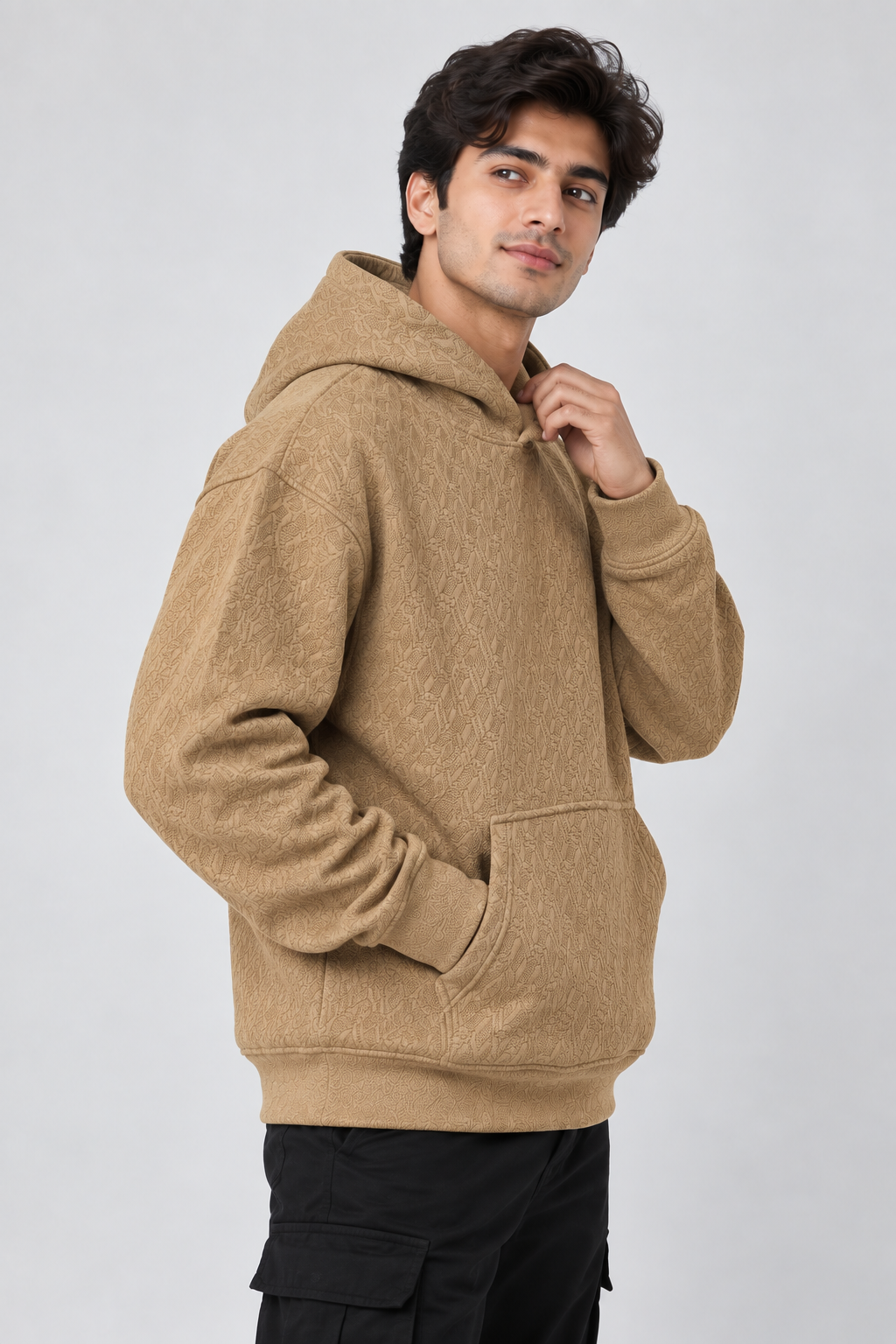 AMOLDO Men's Textured Pullover Hoodie with Kangaroo Pocket | Beige