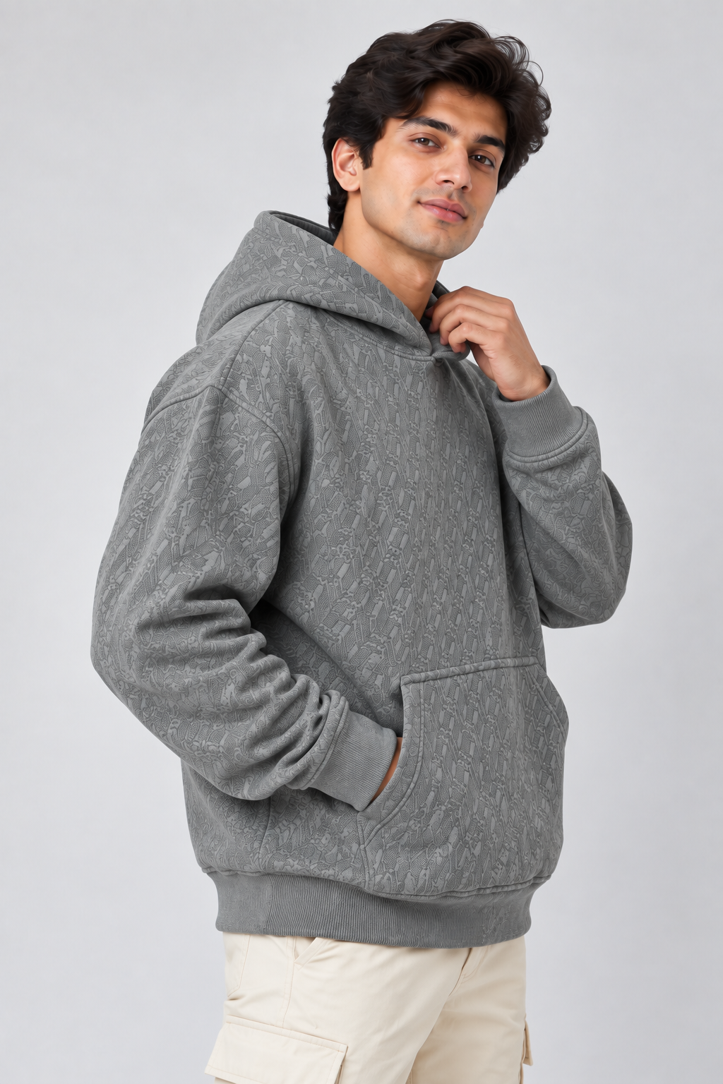 AMOLDO Men's Textured Pullover Hoodie with Kangaroo Pocket | Grey