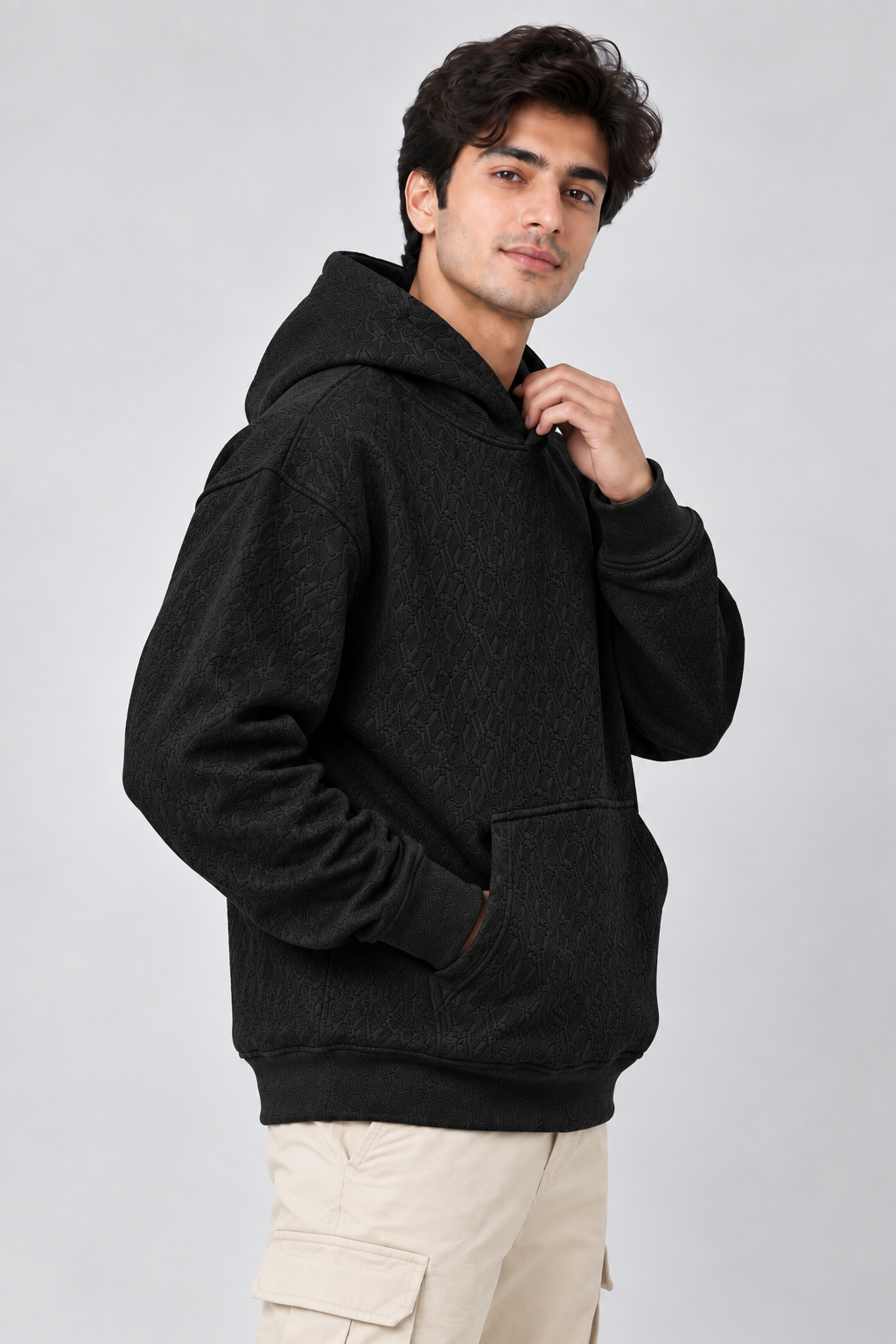 AMOLDO Men's Textured Pullover Hoodie with Kangaroo Pocket | Black