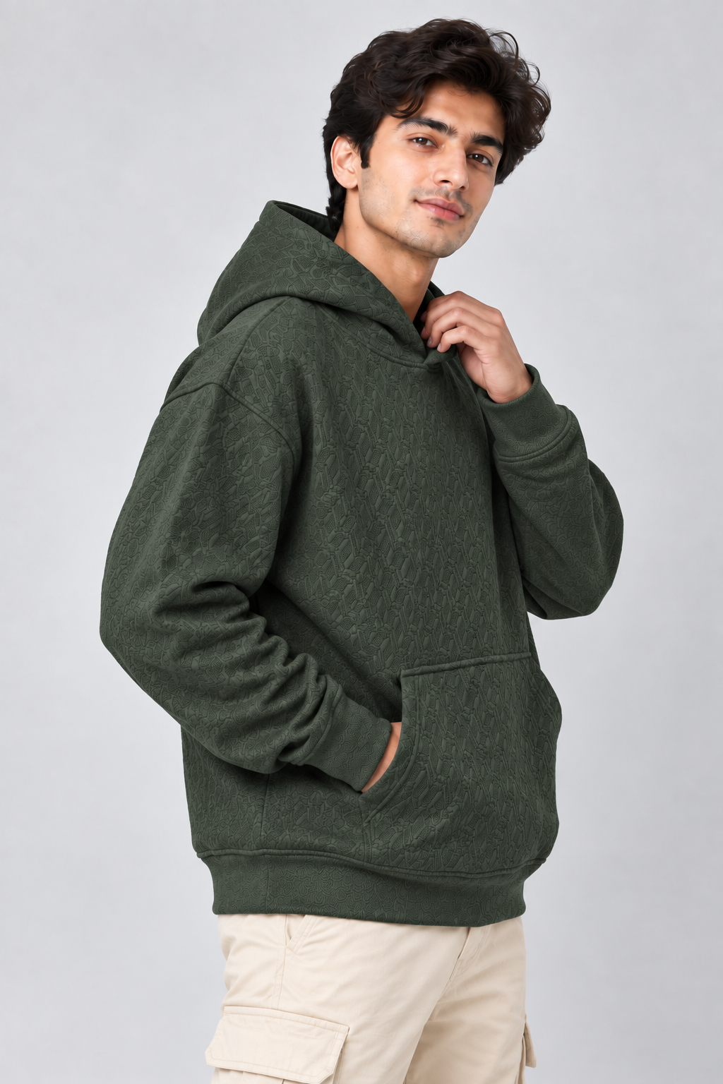 AMOLDO Men's Textured Pullover Hoodie with Kangaroo Pocket | Olive