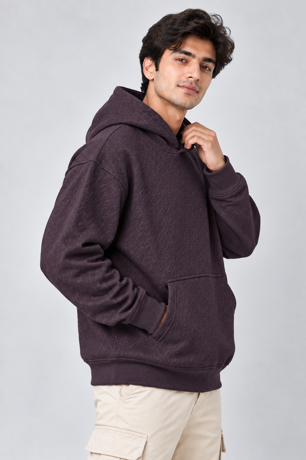 AMOLDO Men's Textured Pullover Hoodie with Kangaroo Pocket | Dark Plum
