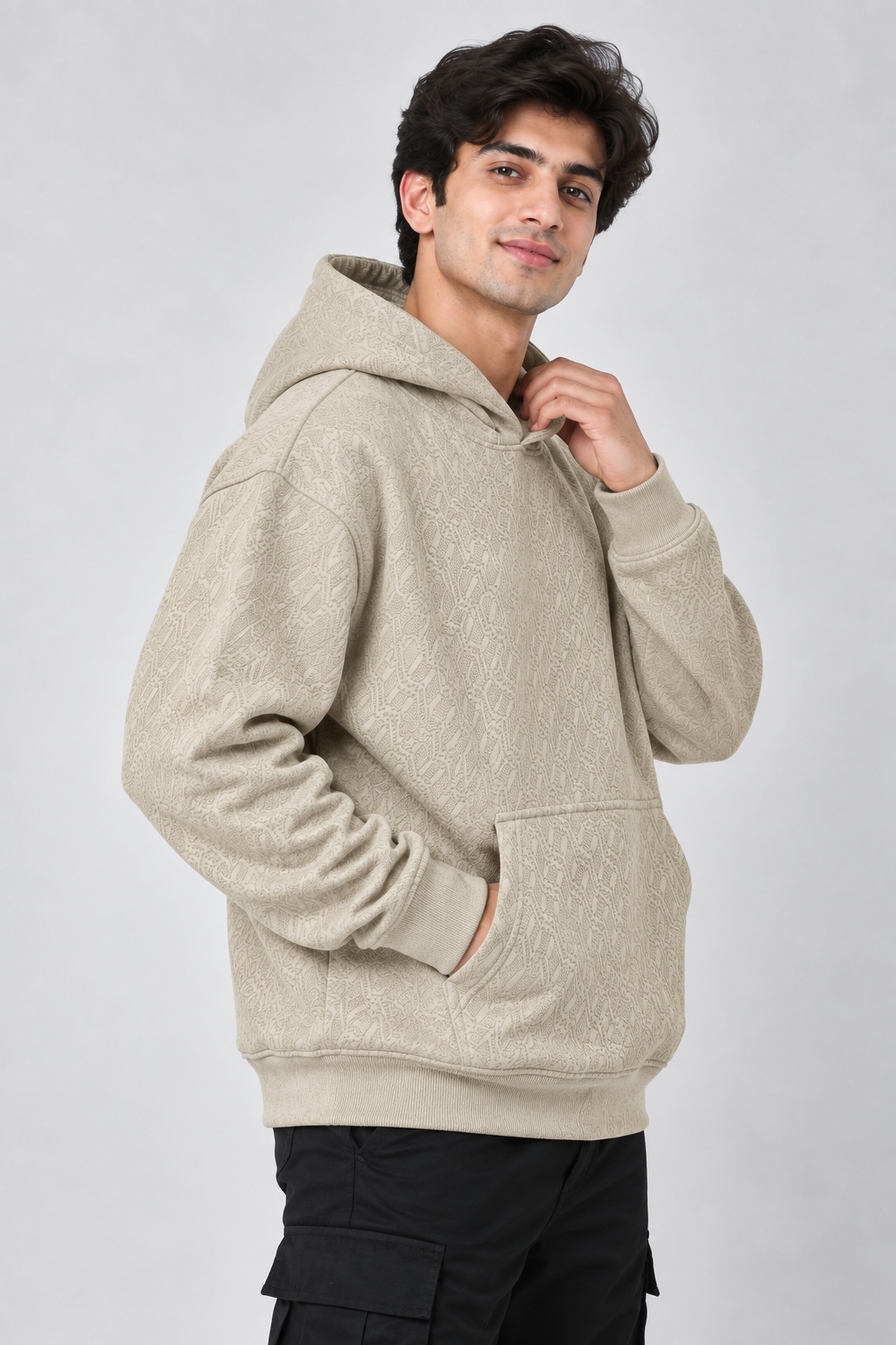 AMOLDO Men's Textured Pullover Hoodie with Kangaroo Pocket | Camel