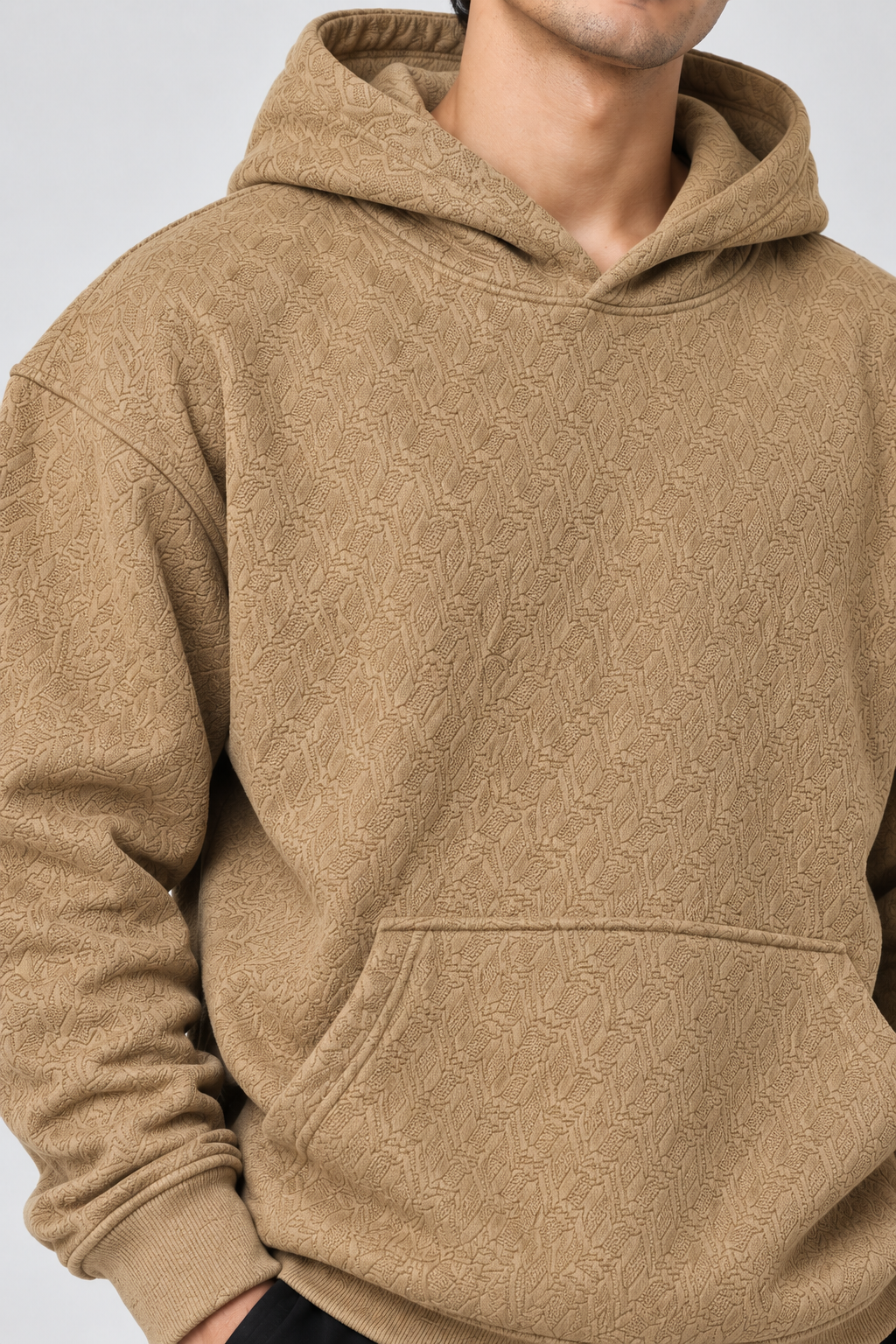 AMOLDO Men's Textured Pullover Hoodie with Kangaroo Pocket | Beige