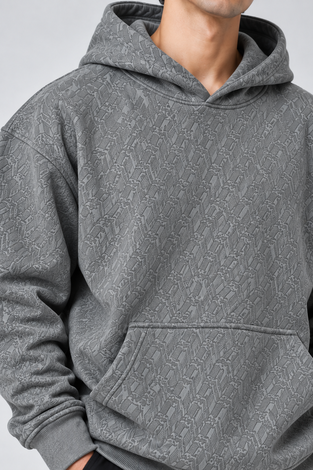 AMOLDO Men's Textured Pullover Hoodie with Kangaroo Pocket | Grey