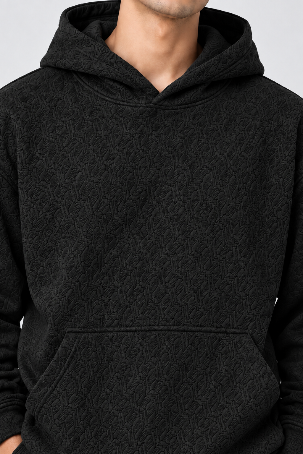 AMOLDO Men's Textured Pullover Hoodie with Kangaroo Pocket | Black